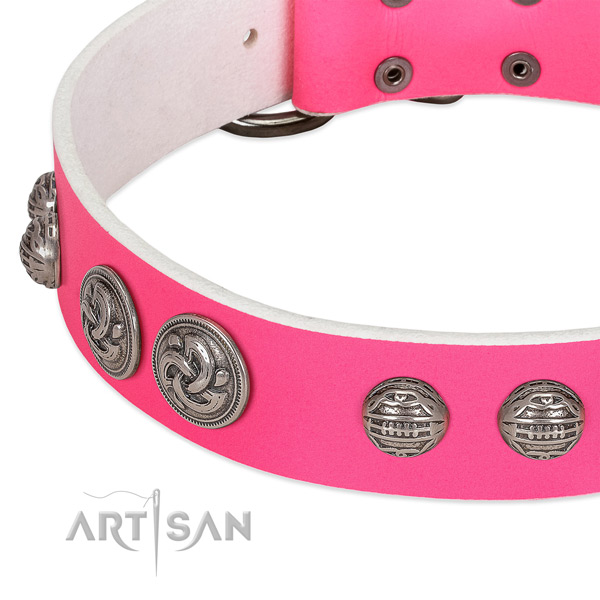 Pink leather dog collar with stylish decorations
