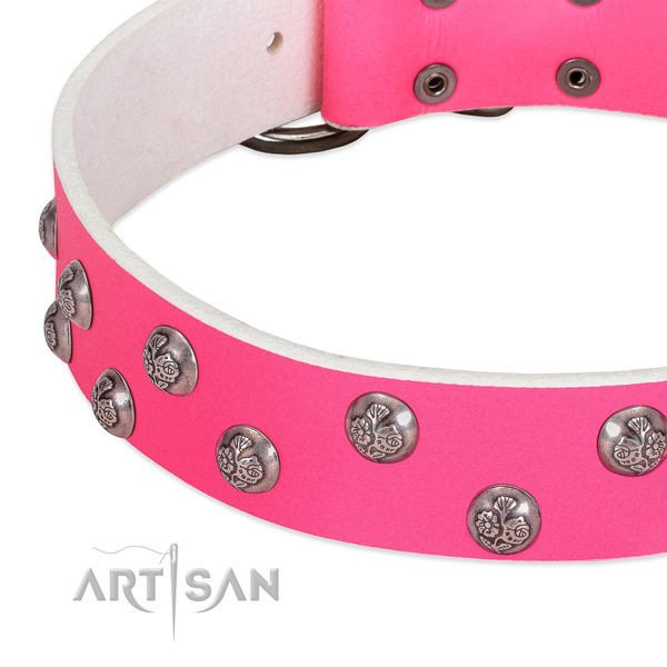 Pink leather dog collar with elegant decorations