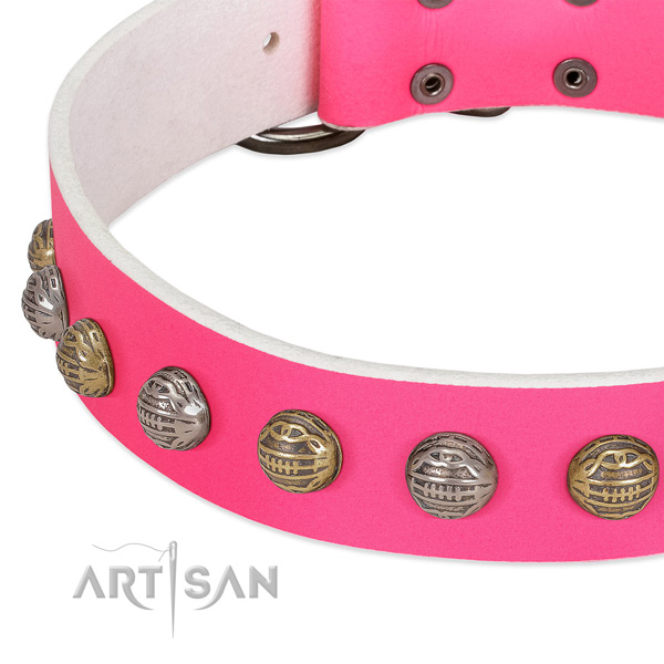 Pink leather dog collar with texture decorations
