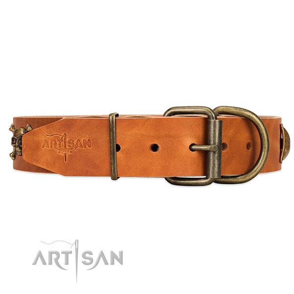 Durable tan leather dog collar with old bronze-like
hardware