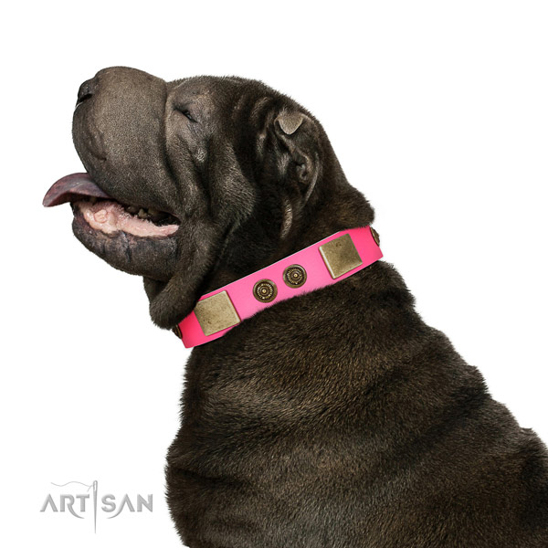 Smooth Leather Shar-Pei Collar with Deluxe Adornments