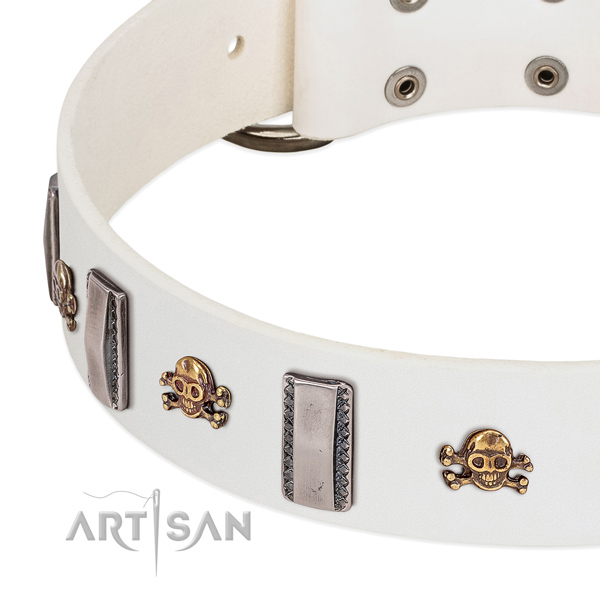 White leather dog collar with vintage decorations