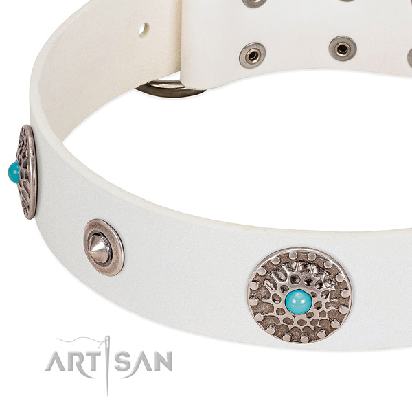 White leather dog collar with vintage decorations and
blue stones