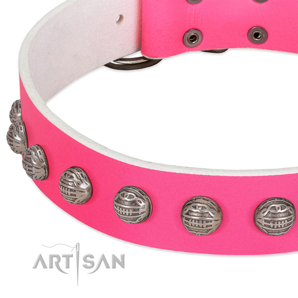 Pink leather dog collar with chic decorations