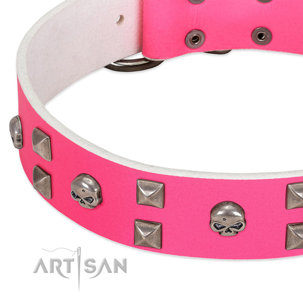 Pink leather dog collar with chic decorations