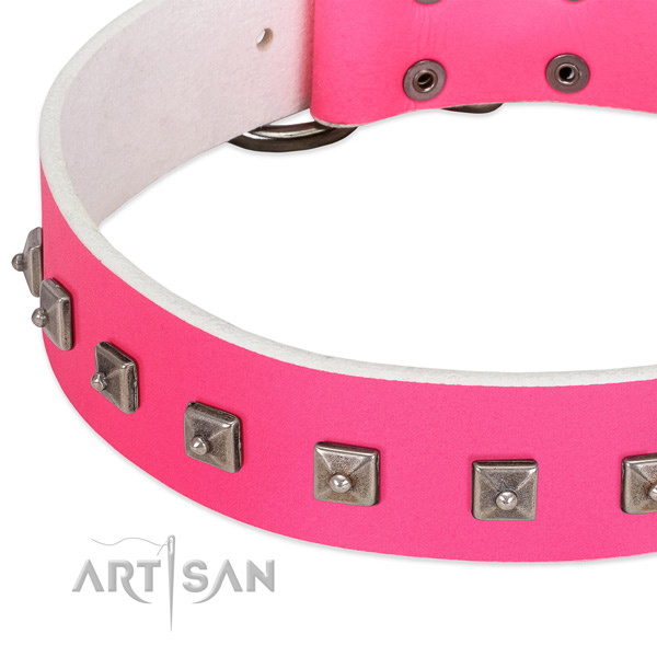 Pink leather dog collar with posh decorations