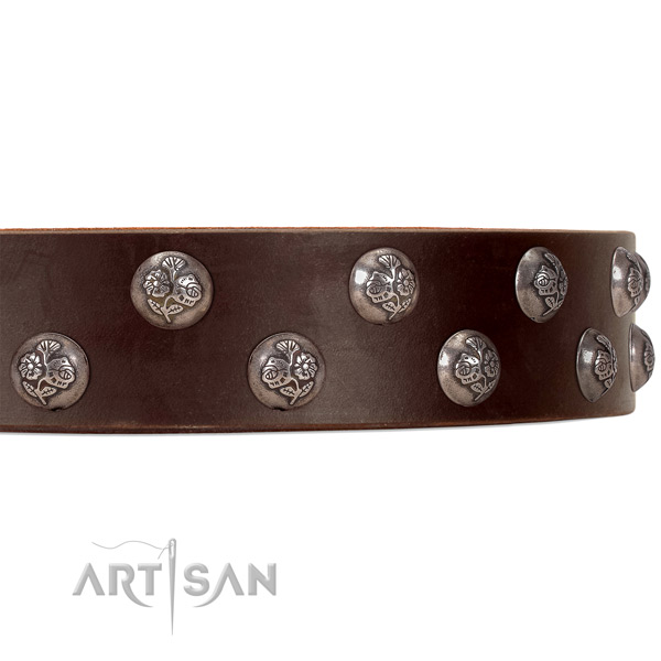 FDT Artisan brown leather dog collar with small studs
with flower ornament