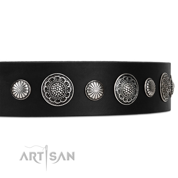 Wide Leather Dog Collar with Shiny Brooches andStuds
