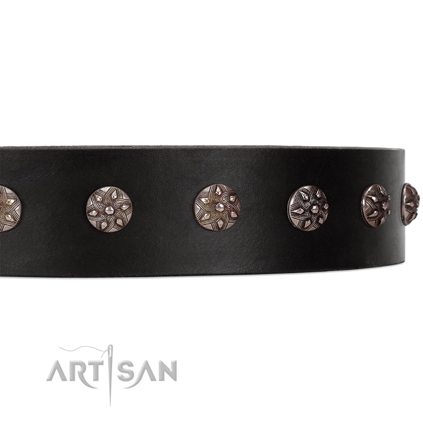 Black leather dog collar with stylish studs with engraved flowers