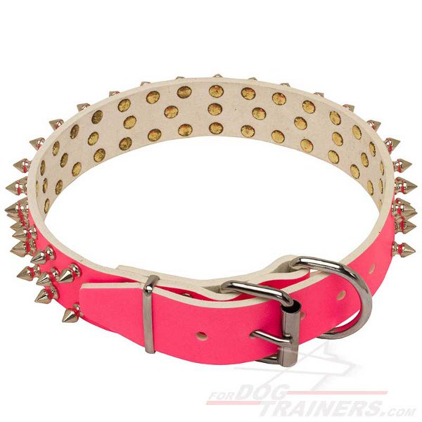 Handcrafted Pink Leather Collar with Spikes