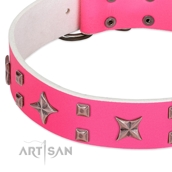 Pink leather dog collar with cool decorations