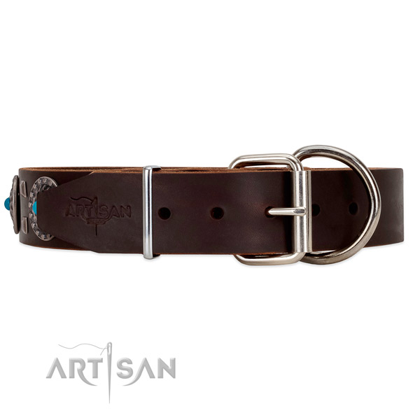 Brown leather dog collar with rust-resistant buckle and D-ring