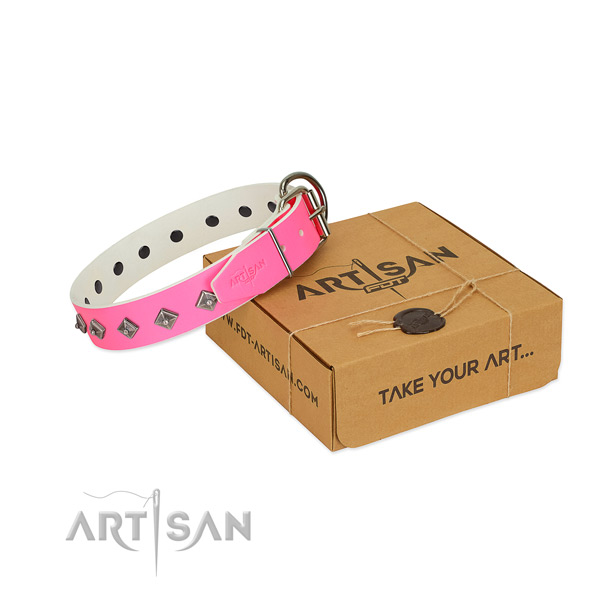 Embellished Pink Leather Dog Collar in Special Gift Box