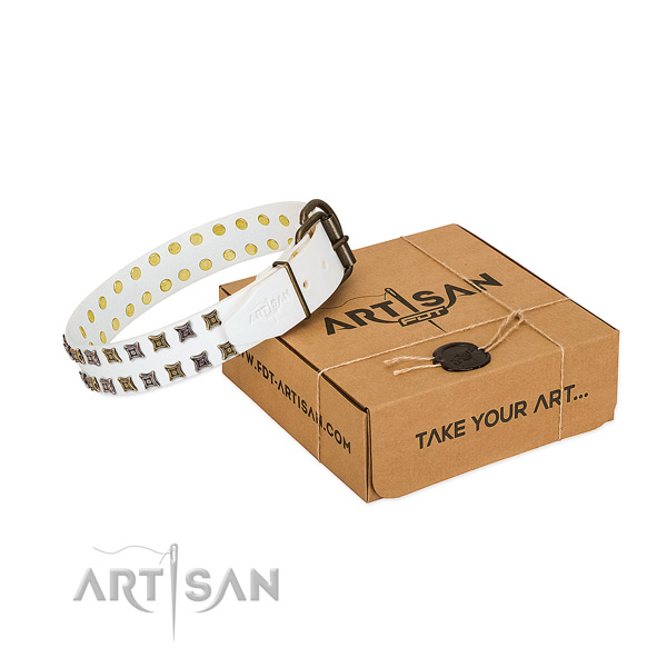 Embellished White Leather Dog Collar with Mix of Studs