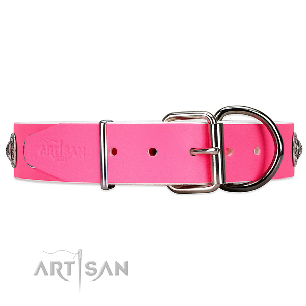 Pink leather dog collar has reliable fastener