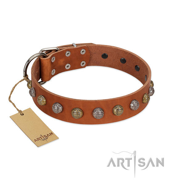 Handcrafted tan leather dog collar with decorations