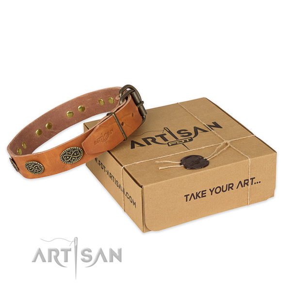 Safe for daily use tan leather dog collar