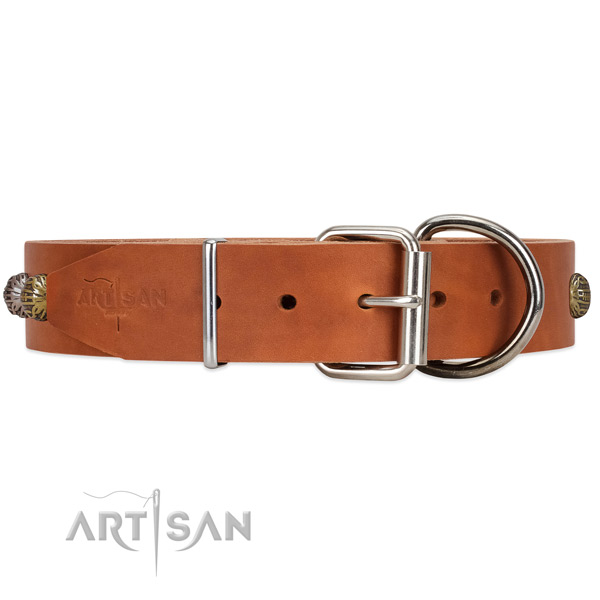 Riveted full grain leather dog collar with buckle and D-ring