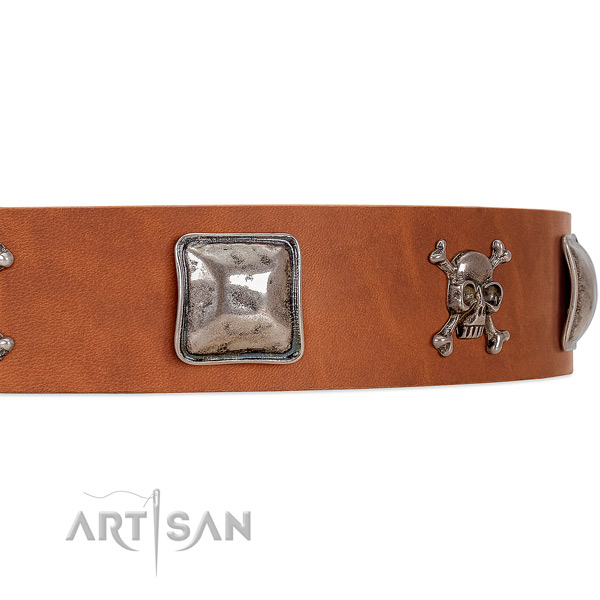 Tan Dog Collar with Old-bronze Plated Decorations