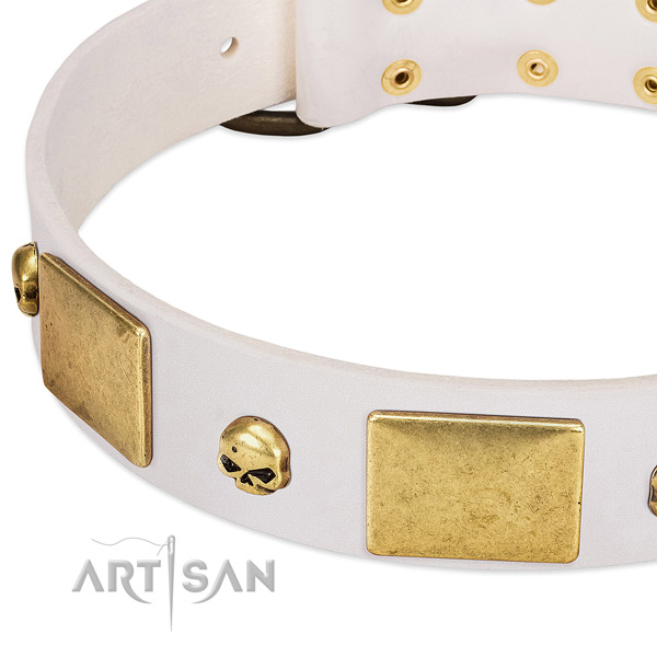 Chic Style White Leather Dog Collar Adorned with Skulls