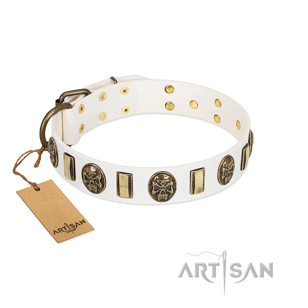 High-end White Leather Dog Collar with Plates and Medallions