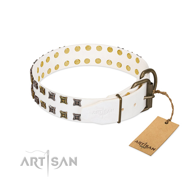  White Leather Dog collar with Sturdy Buckle and D-ring of Exceptional Quality
