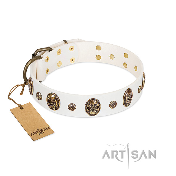 White Artisan leather dog collar for walking in style
