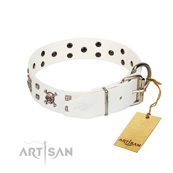 Worthy of reliance and trust white leather dog collar
