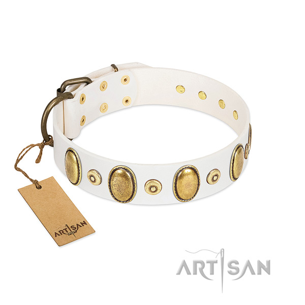 White Leather Collar with Riveted Metal Elements