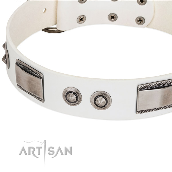 Elegant white dog collar with large plates and spiked
studs